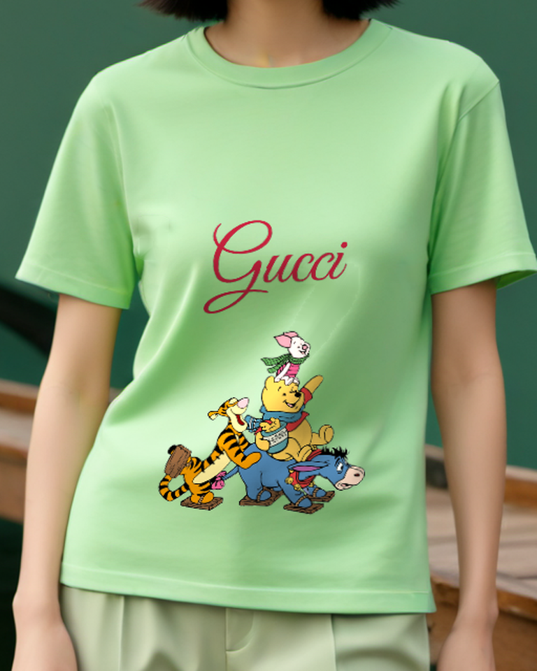 Sage Green Pooh Friends In Scarves With Honey Pot And Wooden Skis Graphic T-Shirt - model wearing view