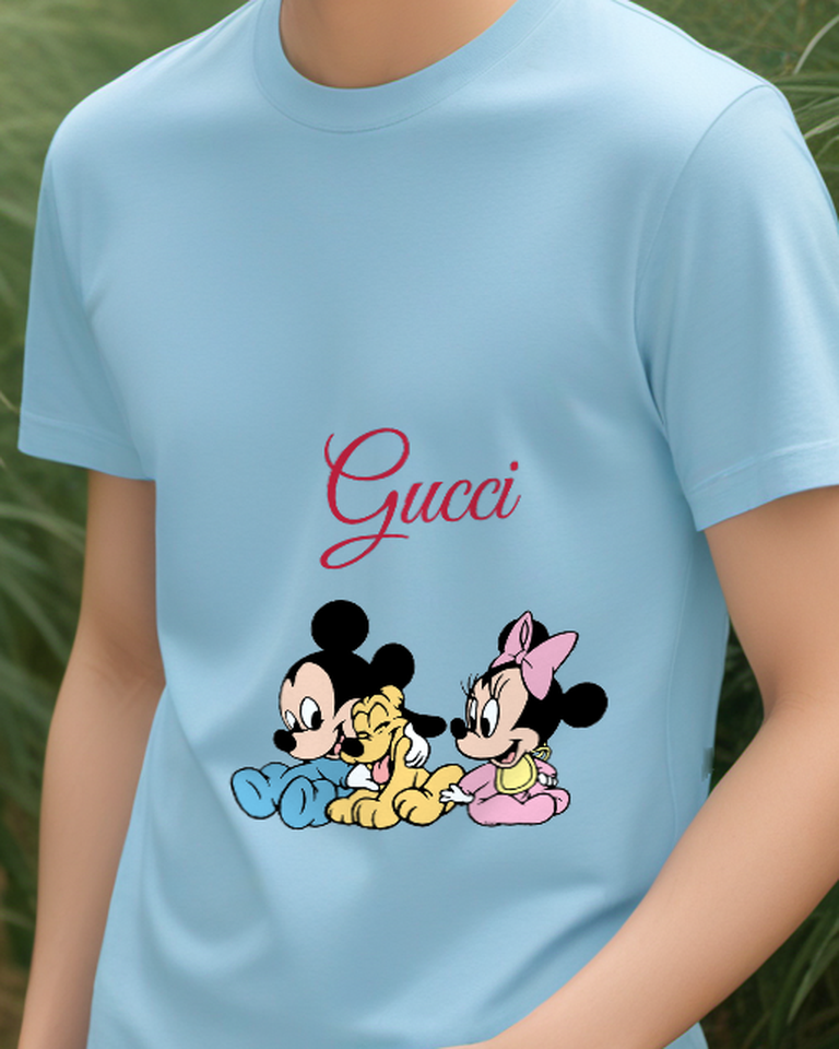 Sky Blue Mickey Minnie And Pluto Sitting Together Graphic T-Shirt - model wearing view