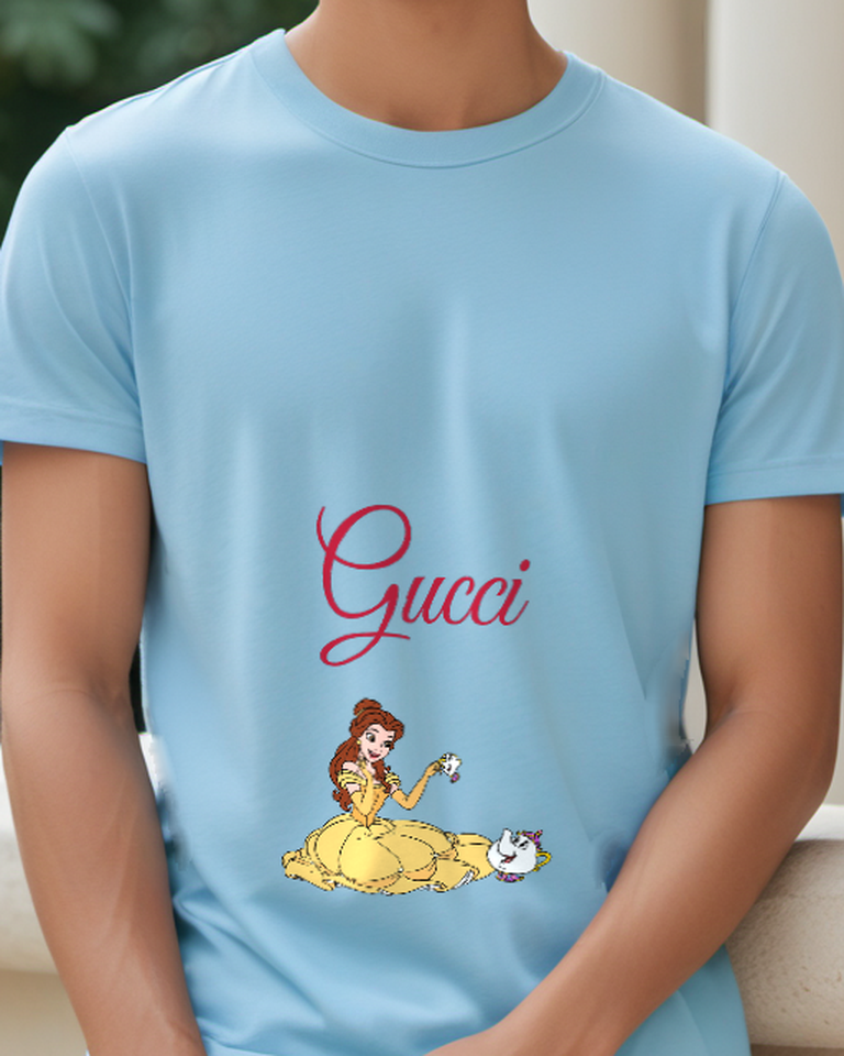 Sky Blue Belle Holds Teacup With Chip Graphic T-Shirt - model wearing view