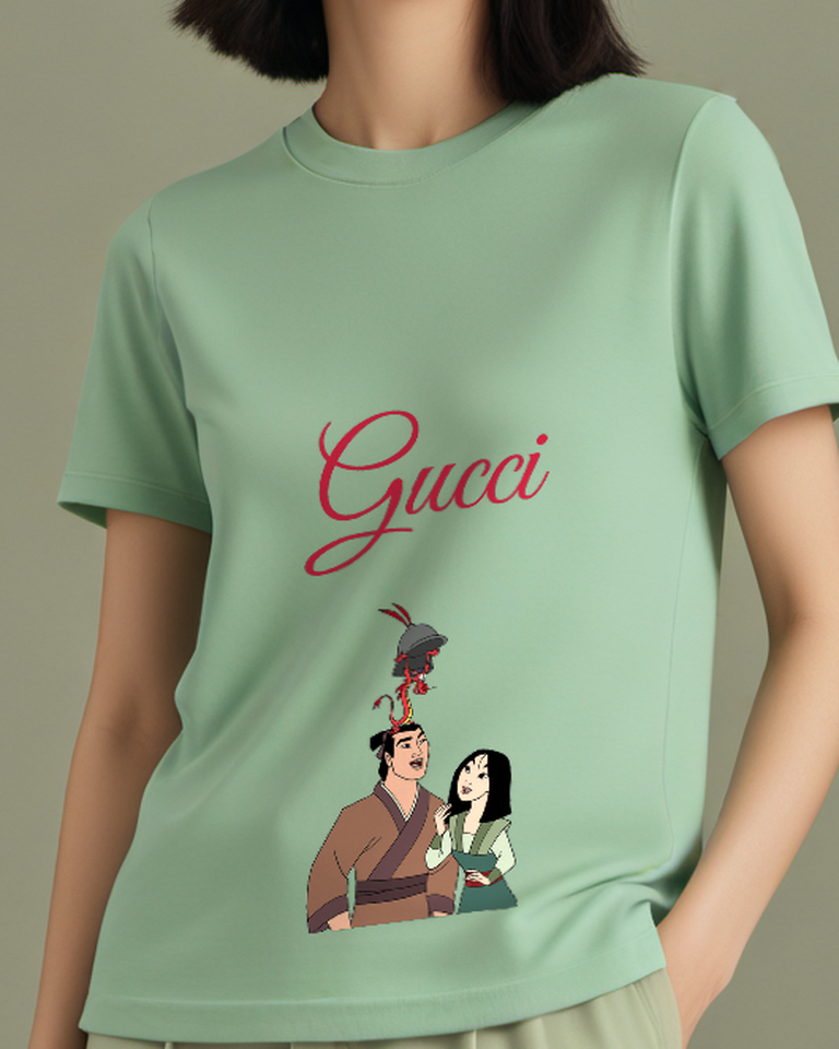 Sage Green Mulan And Li Shang With Mushu On Head Graphic T-Shirt - model wearing view