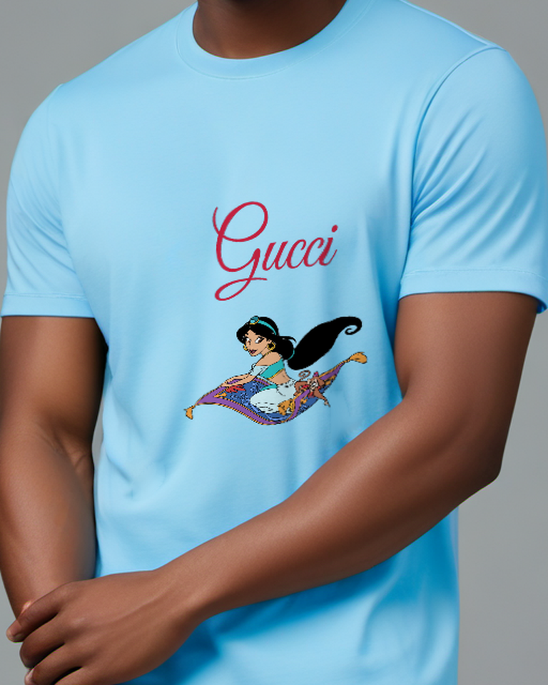 Sky Blue Jasmine Rides Carpet With Abu Graphic T-Shirt - model wearing view