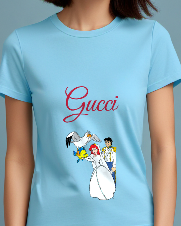 Sky Blue Ariel Eric Flounder And Scuttle Together Graphic T-Shirt - model wearing view