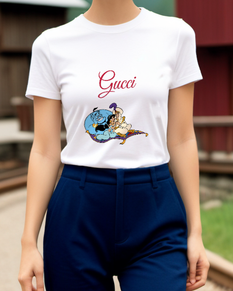 White Aladdin Jasmine Genie On Magic Carpet Graphic T-Shirt - model wearing view