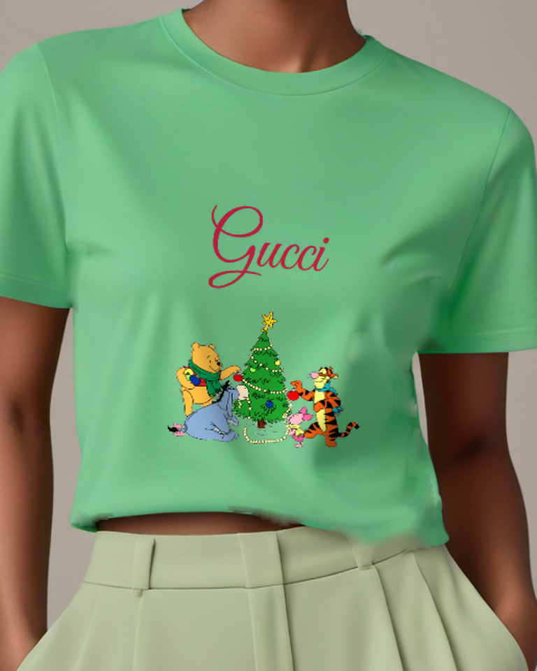 Sage Green Pooh Eeyore Piglet Tigger Decorating Tree Graphic T-Shirt - model wearing view