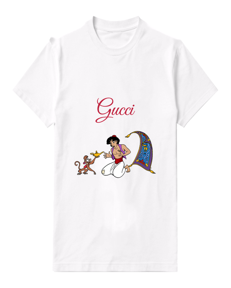 White Aladdin Kneeling Receiving Lamp From Monkey Graphic T-Shirt - front product view