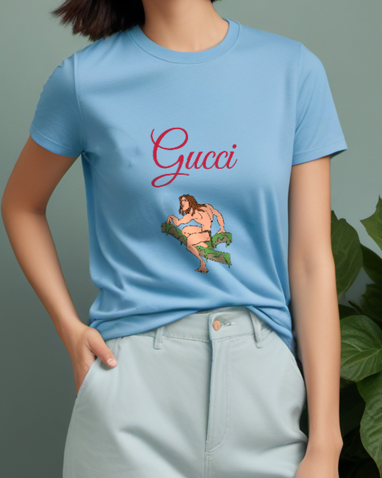 Sky Blue Jungle Man Carrying Green Bundle Graphic T-Shirt - model wearing view