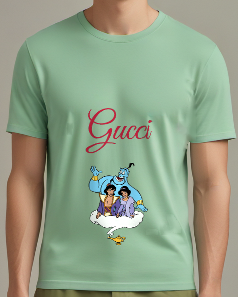 Sage Green Genie Aladdin And Jasmine On Cloud Graphic T-Shirt - model wearing view