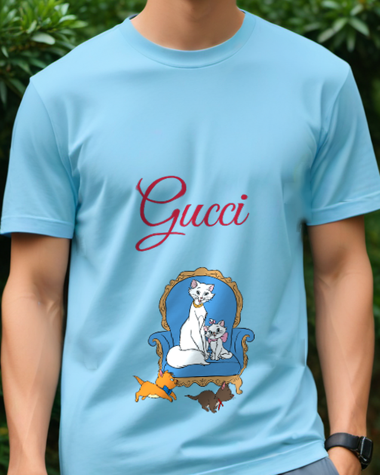 Sky Blue Three Cats On Ornate Chair Graphic T-Shirt - model wearing view