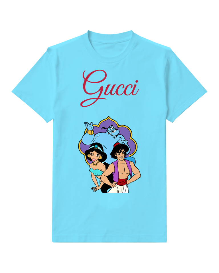 Sky Blue Aladdin Jasmine Genie In Dynamic Group Pose Graphic T-Shirt - front product view