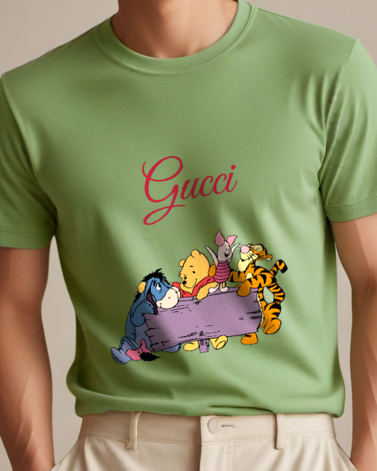 Sage Green Pooh Piglet Tigger Eeyore On Log Graphic T-Shirt - model wearing view