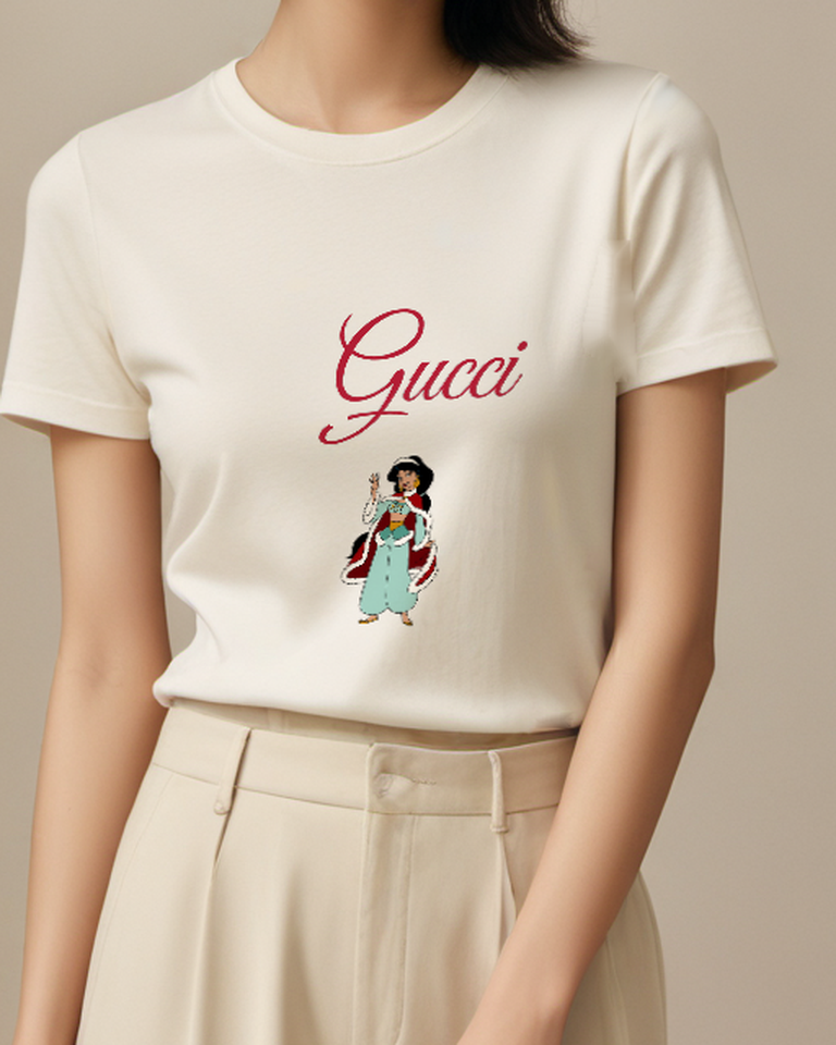 Ivory Black Haired Princess Burgundy Cape Graphic T-Shirt - model wearing view