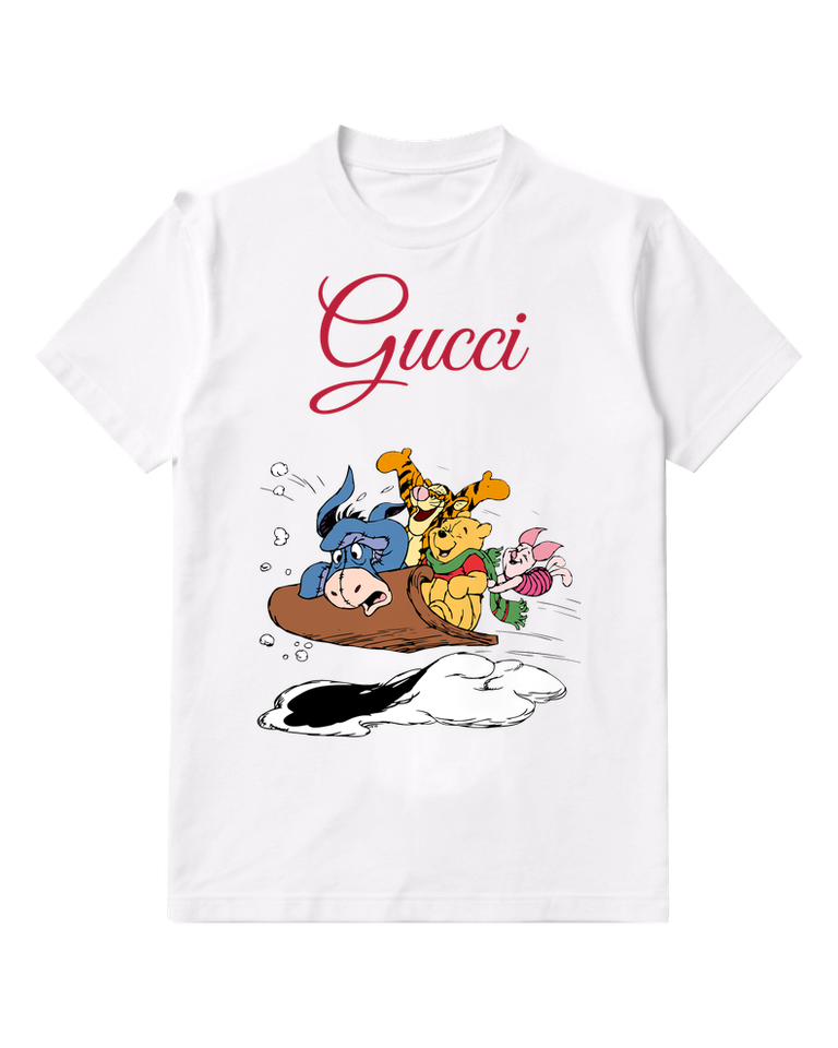 White Pooh Tigger Eeyore Sledding Together Graphic T-Shirt - front product view
