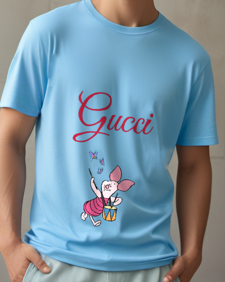 Dusty Blue Piglet Tiny Bucket Hearts Graphic T-Shirt - model wearing view