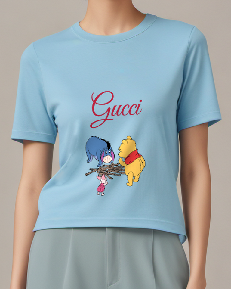 Sky Blue Pooh Piglet And Eeyore With Sticks Graphic T-Shirt - model wearing view