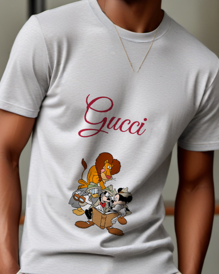 Light Gray Mickey Goofy And Donald In Safari Gear Graphic T-Shirt - model wearing view