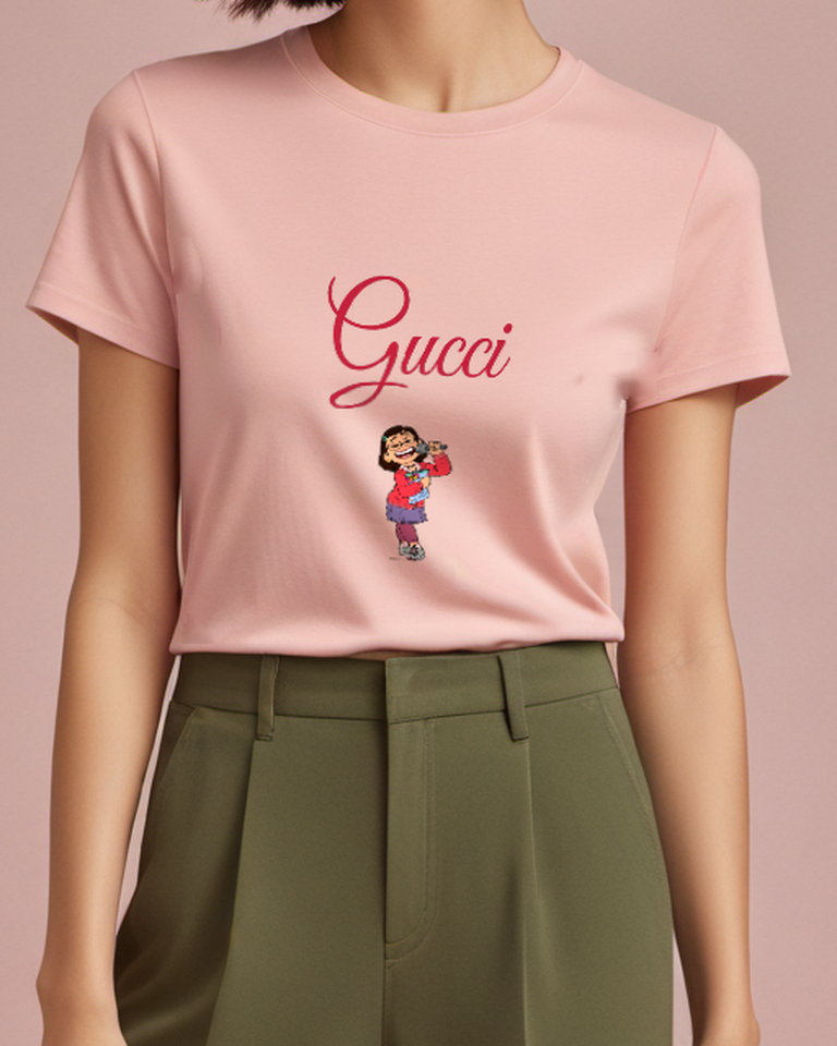 Blush Pink Spectacled Girl Red Sweater Graphic T-Shirt - model wearing view