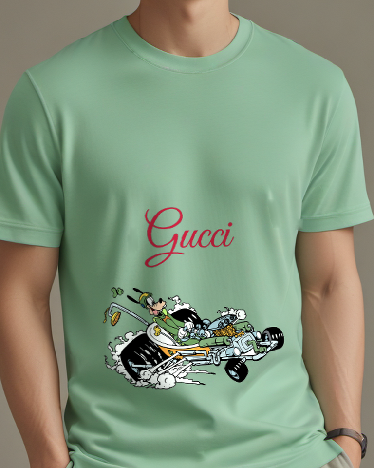 Sage Green Dog Busy Racing Machine Graphic T-Shirt - model wearing view