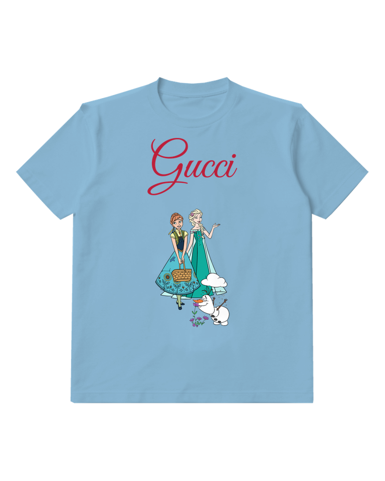 Sky Blue Anna And Elsa With Olaf Near Flowers Graphic T-Shirt - front product view