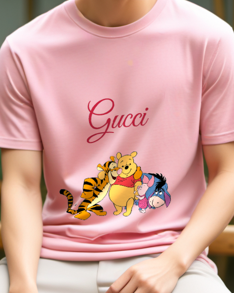 Blush Pink Tigger Hugs Pooh Piglet Nearby Graphic T-Shirt - model wearing view