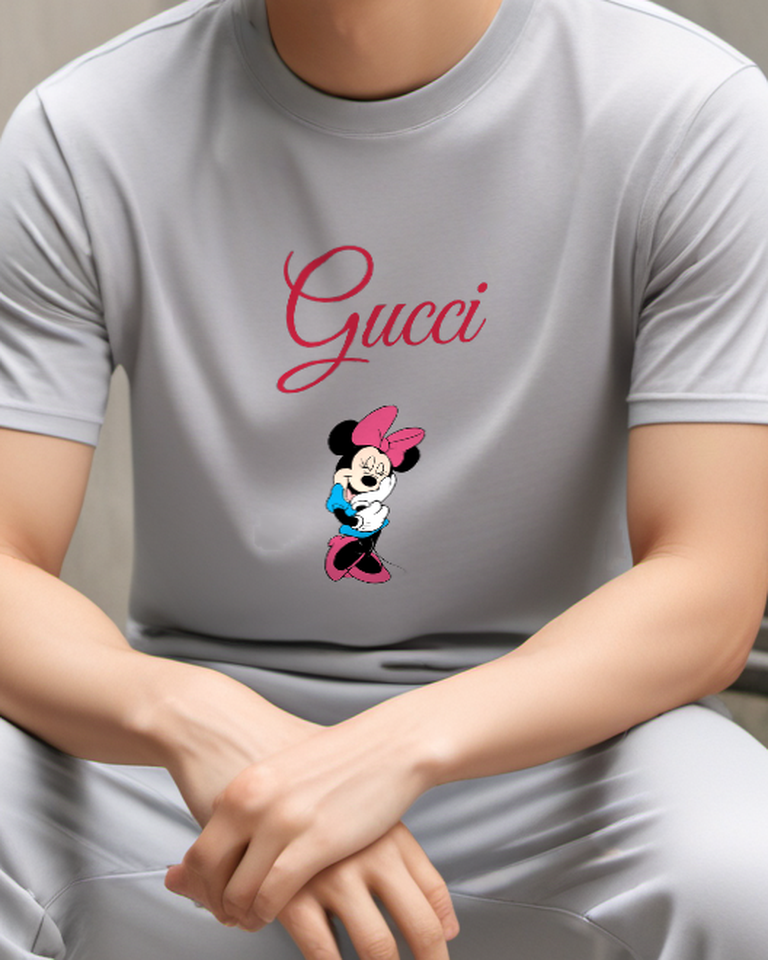Gray Mouse Pink Bow Blue Top Graphic T-Shirt - model wearing view