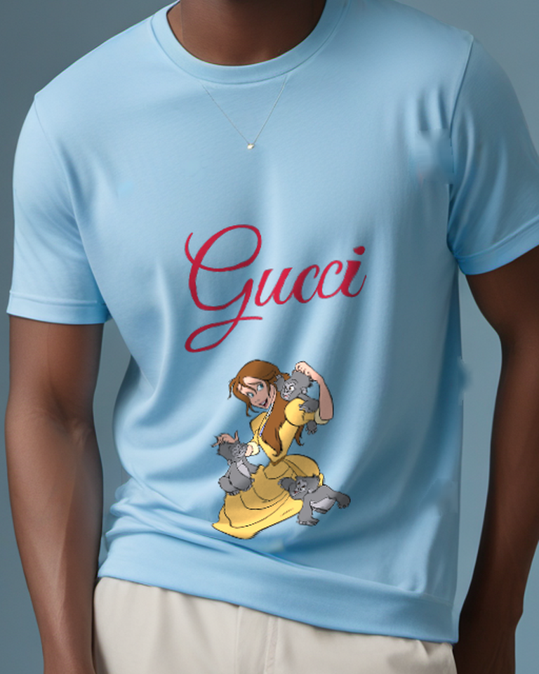 Sky Blue Yellow Dressed Woman Gray Monkey Graphic T-Shirt - model wearing view