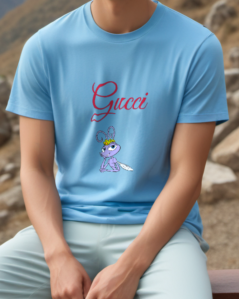 Dusty Blue Character With Butterfly Graphic T-Shirt - model wearing view
