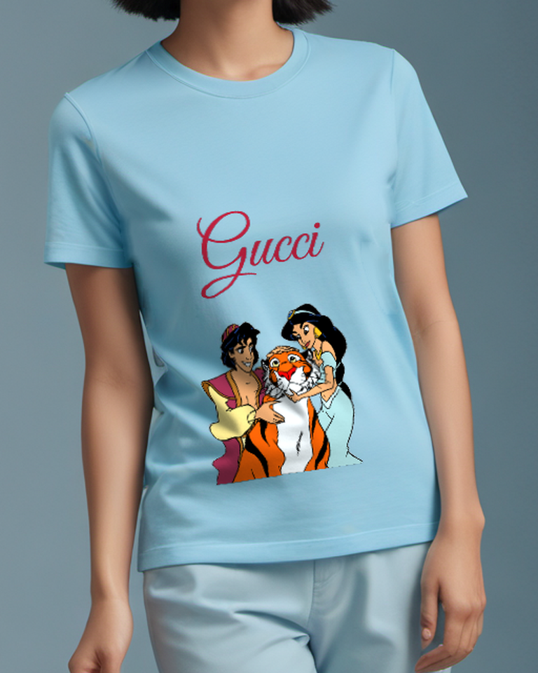 Sky Blue Aladdin Jasmine And Tiger In Affectionate Pose Graphic T-Shirt - model wearing view