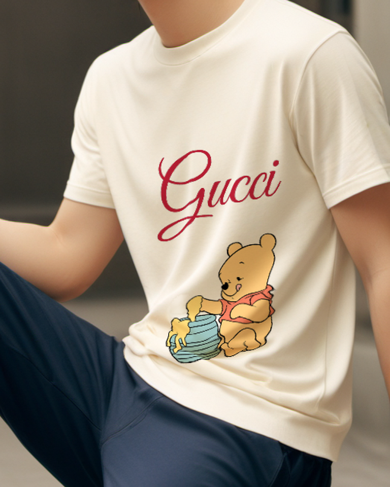 Ivory Bear Blue Striped Honey Pot Graphic T-Shirt - model wearing view