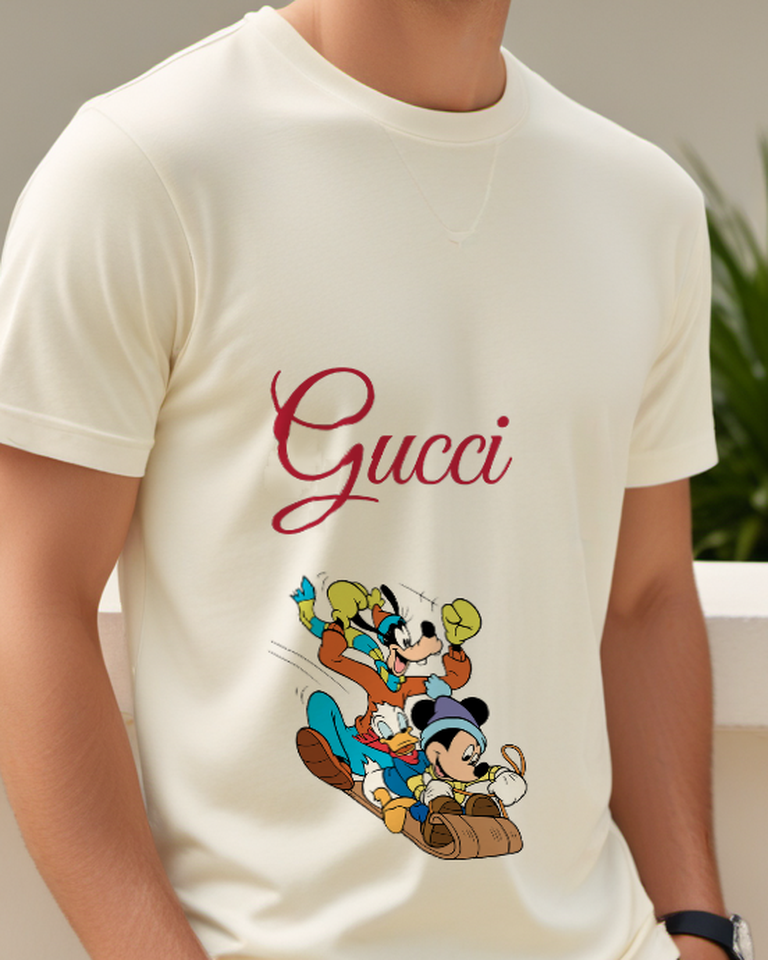 Ivory Mickey Donald Goofy On Sled Graphic T-Shirt - model wearing view