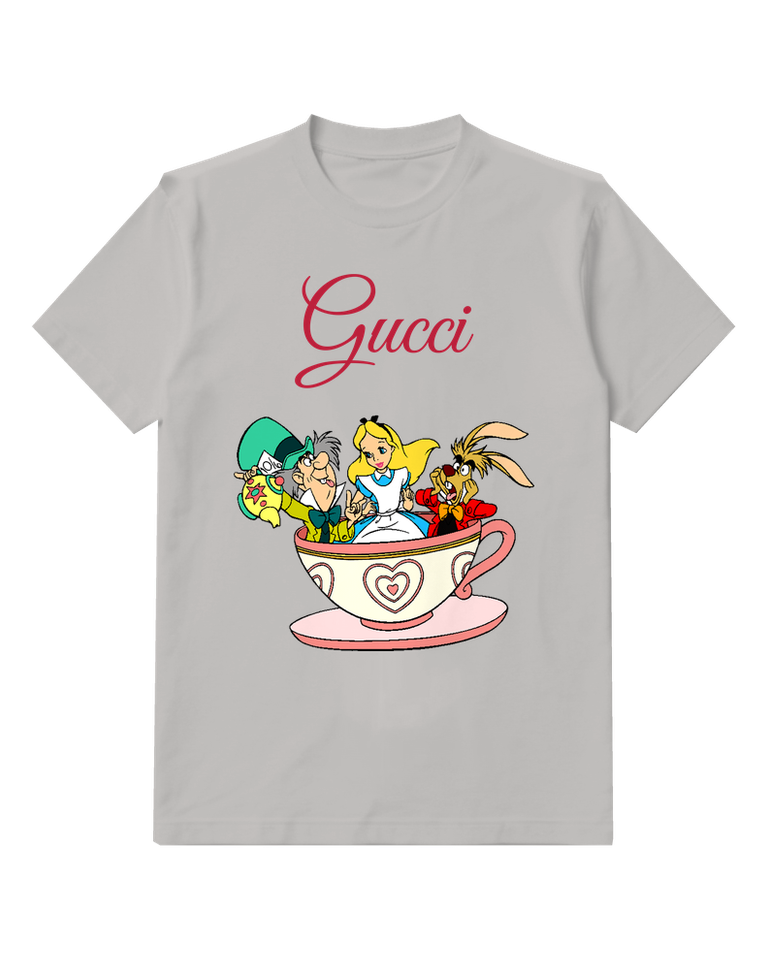 Light Gray Mad Hatter March Hare Alice In Teacup Graphic T-Shirt - front product view