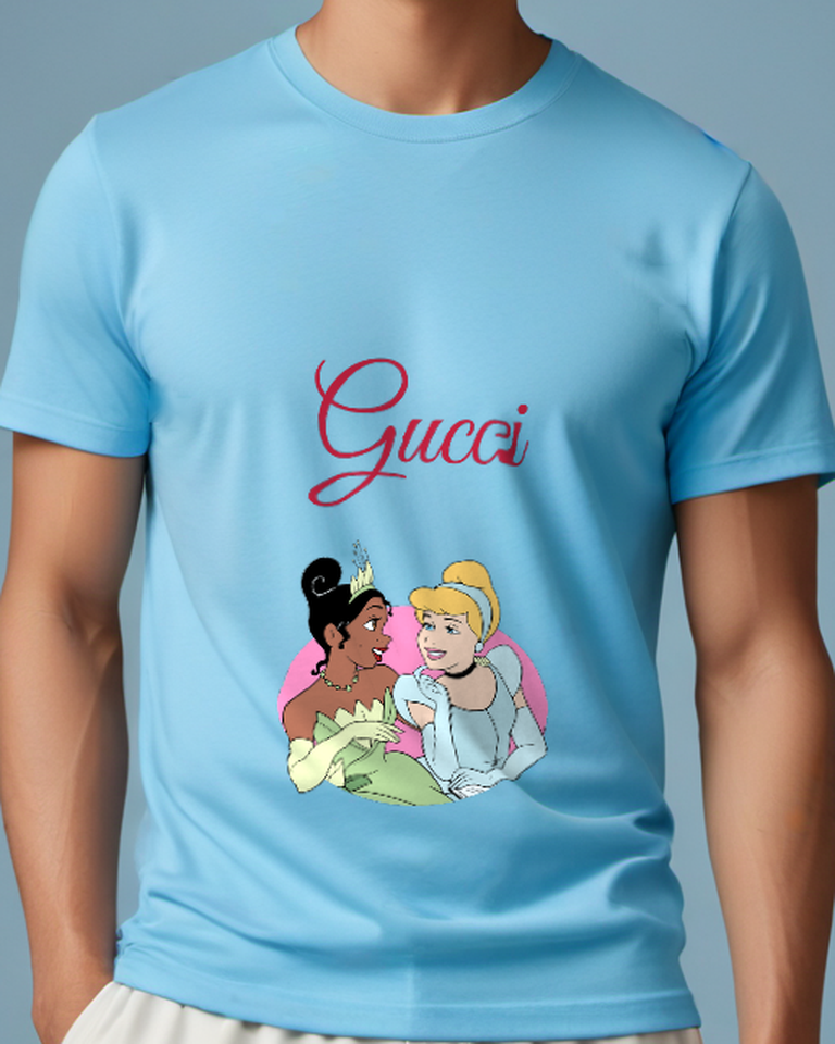 Sky Blue Tiana And Cinderella Conversing Graphic T-Shirt - model wearing view