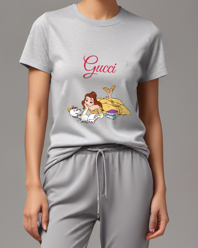 Light Gray Belle Reading Book With Teacups Nearby Graphic T-Shirt - model wearing view