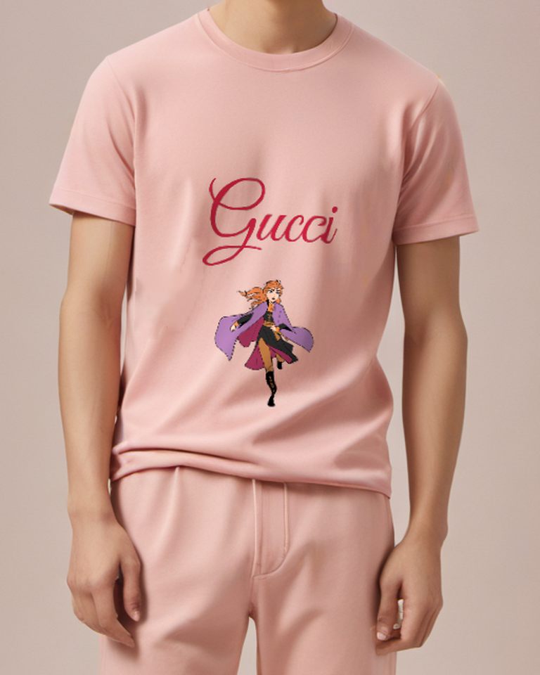 Blush Pink Braided Woman Running Purple Cape Graphic T-Shirt - model wearing view