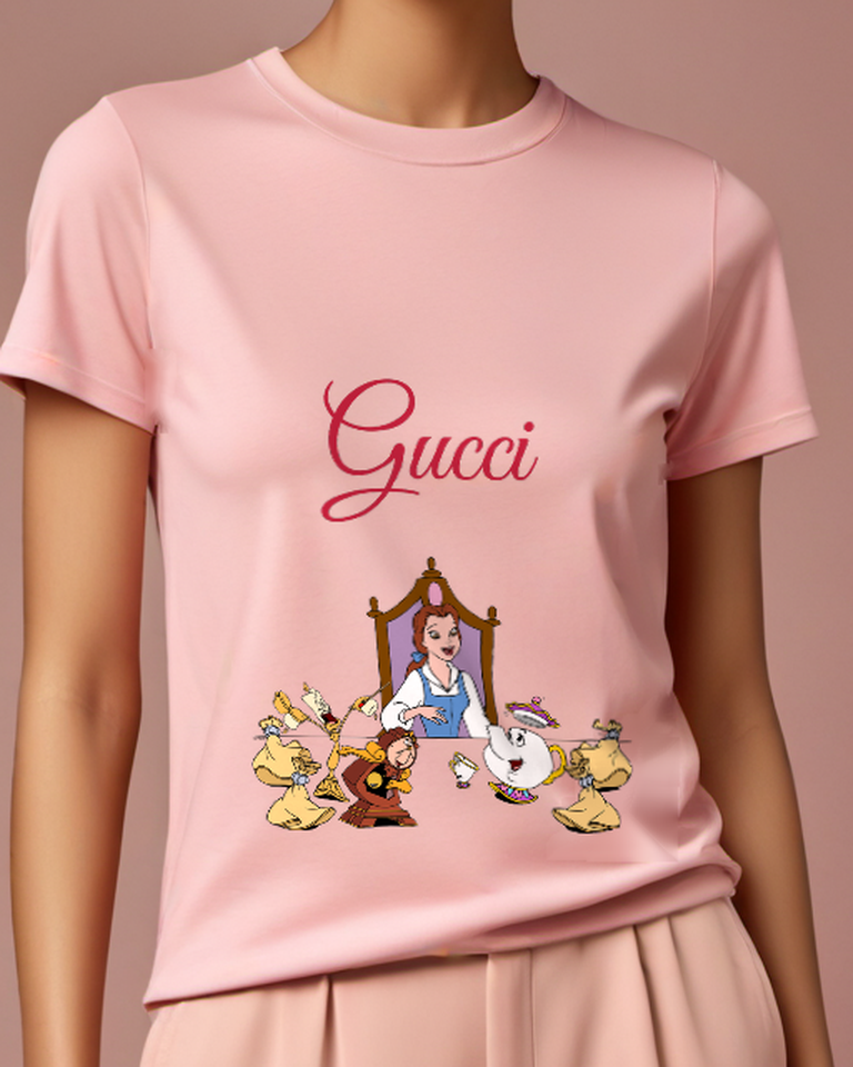 Blush Pink Belle Seated At Table With Tea Set Graphic T-Shirt - model wearing view