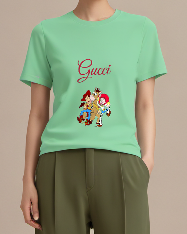 Sage Green Woody Jessie And Bullseye Together Graphic T-Shirt - model wearing view