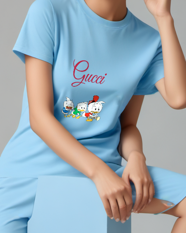 Sky Blue Three Ducklings Running Together Crew Neck Graphic T-Shirt - model wearing view