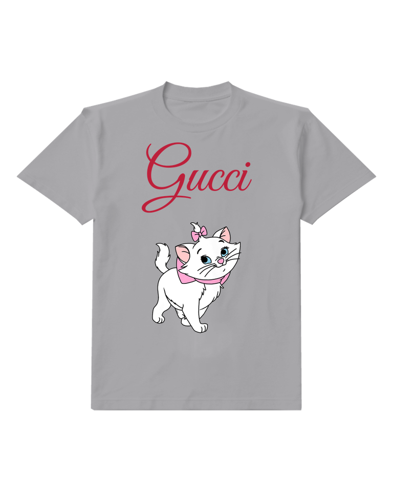 Gray White Kitten Raised Tail Graphic T-Shirt - front product view