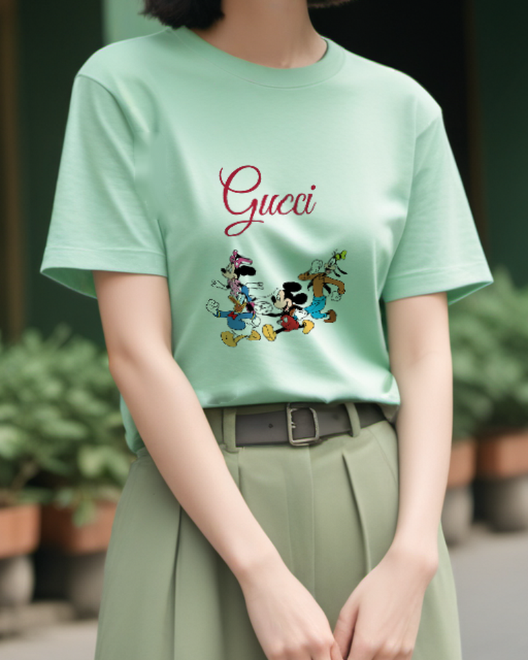 Sage Green Mickey Mouse Running With Friends Graphic T-Shirt - model wearing view