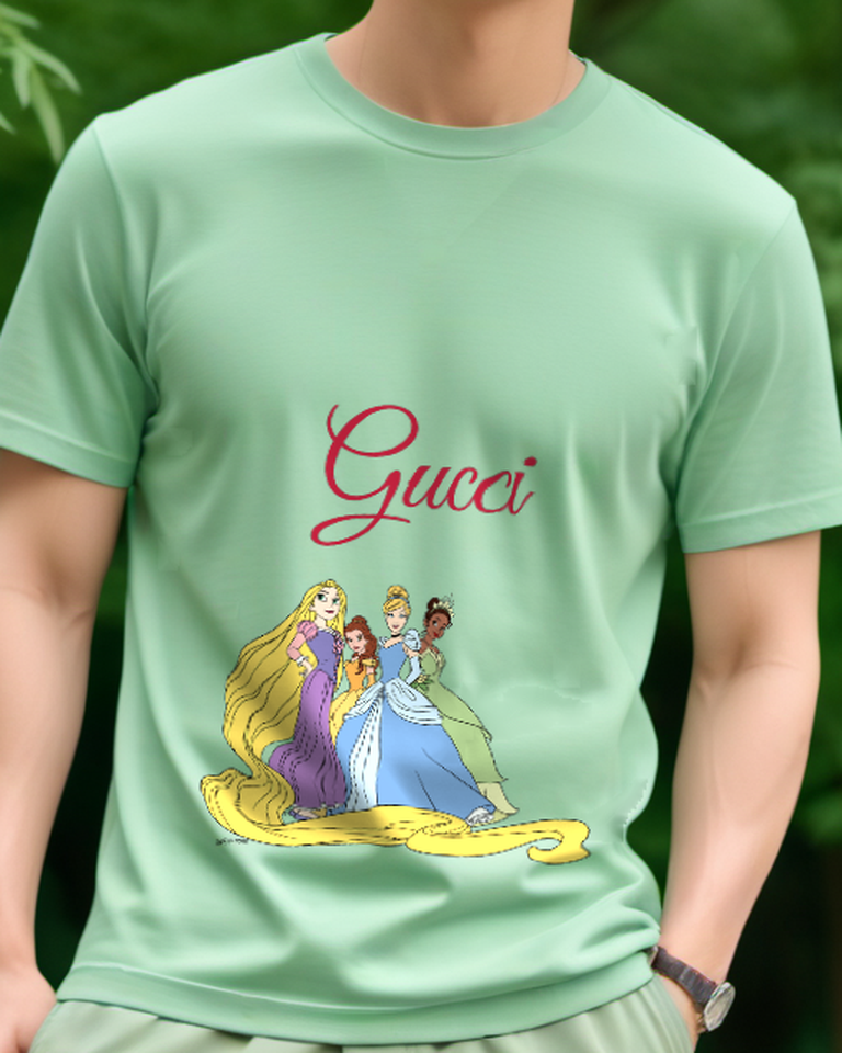Sage Green Four Princesses Standing Together Graphic T-Shirt - model wearing view