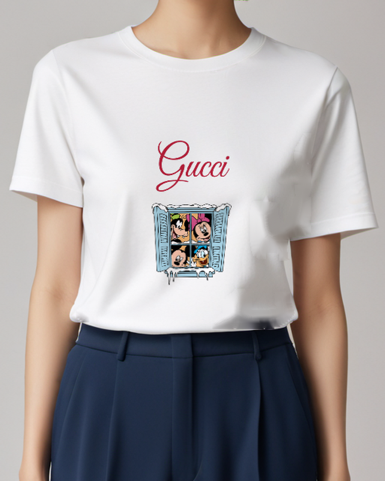 White Four Disney Characters Peek From Snowy Window Graphic T-Shirt - model wearing view