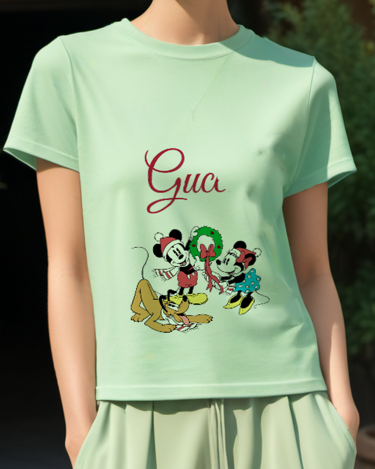 Sage Green Mickey Mouse Holding Wreath Graphic T-Shirt - model wearing view