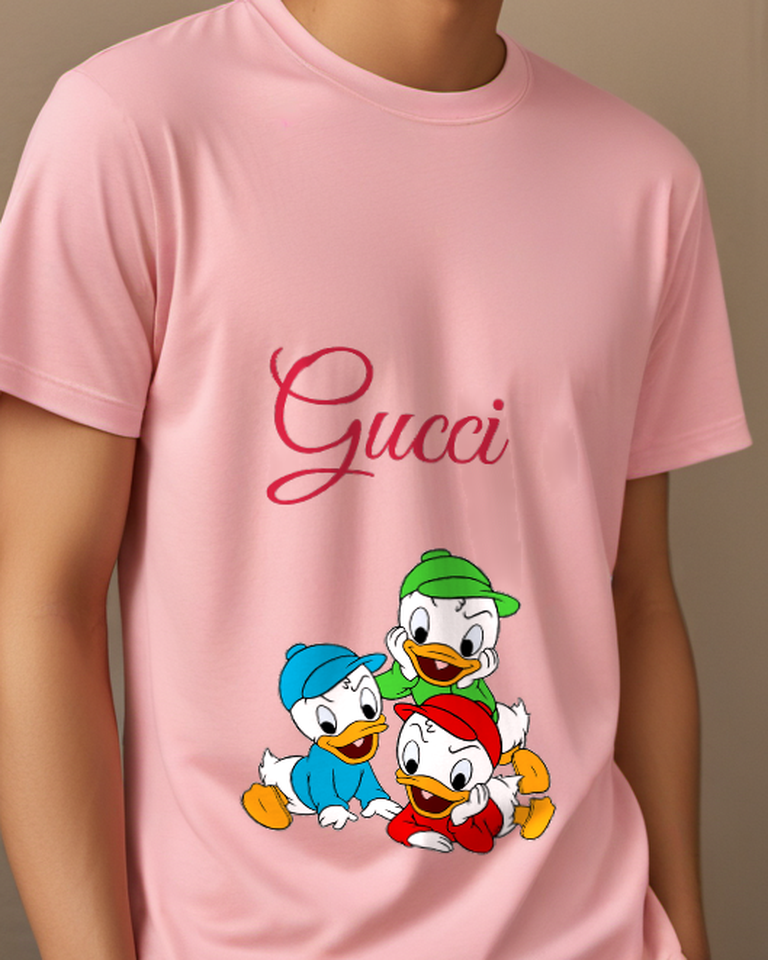 Blush Pink Three Ducklings In Colorful Caps Graphic T-Shirt - model wearing view