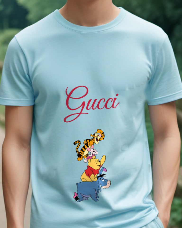 Sky Blue Pooh Piglet Tigger Eeyore Stacked Graphic T-Shirt - model wearing view