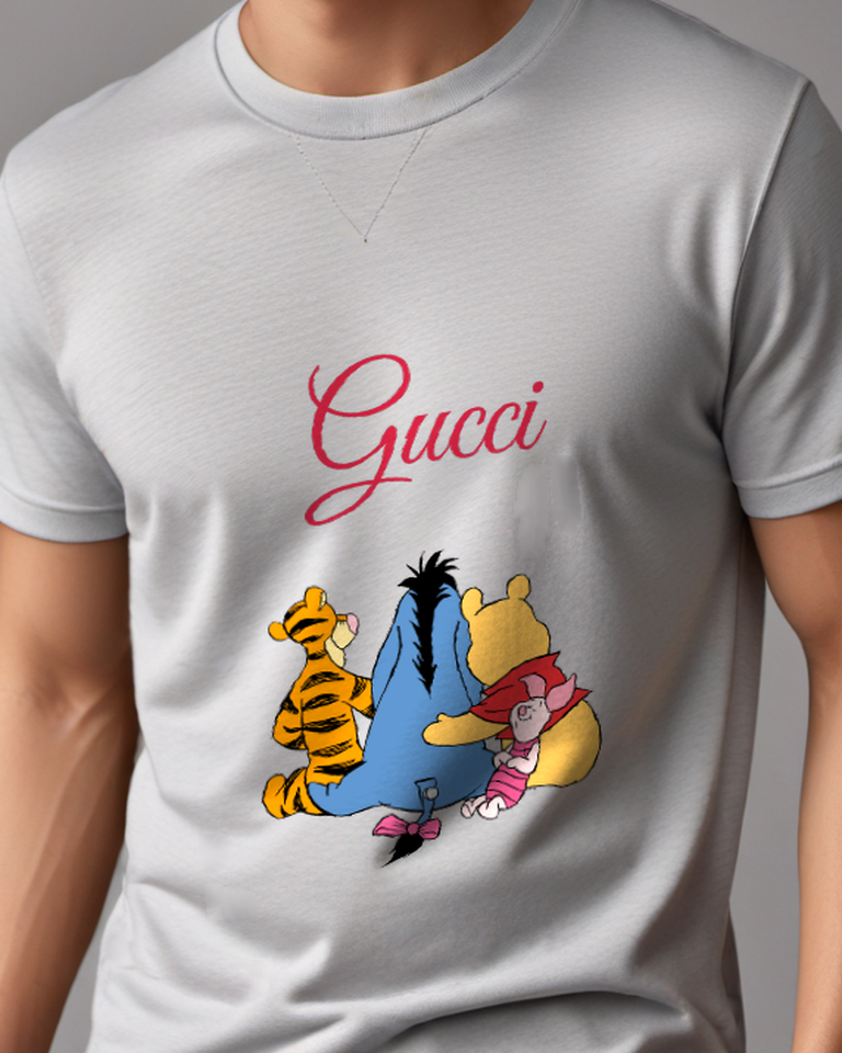 Light Gray Tigger Eeyore Pooh Piglet Sitting Together Graphic T-Shirt - model wearing view