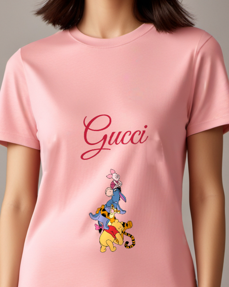 Blush Pink Pooh Tigger Eeyore And Piglet Stacked Graphic T-Shirt - model wearing view