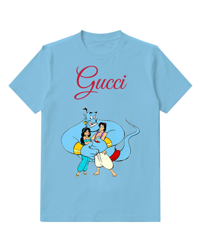 Sky Blue Genie Hugs Aladdin And Jasmine Graphic T-Shirt - front product view
