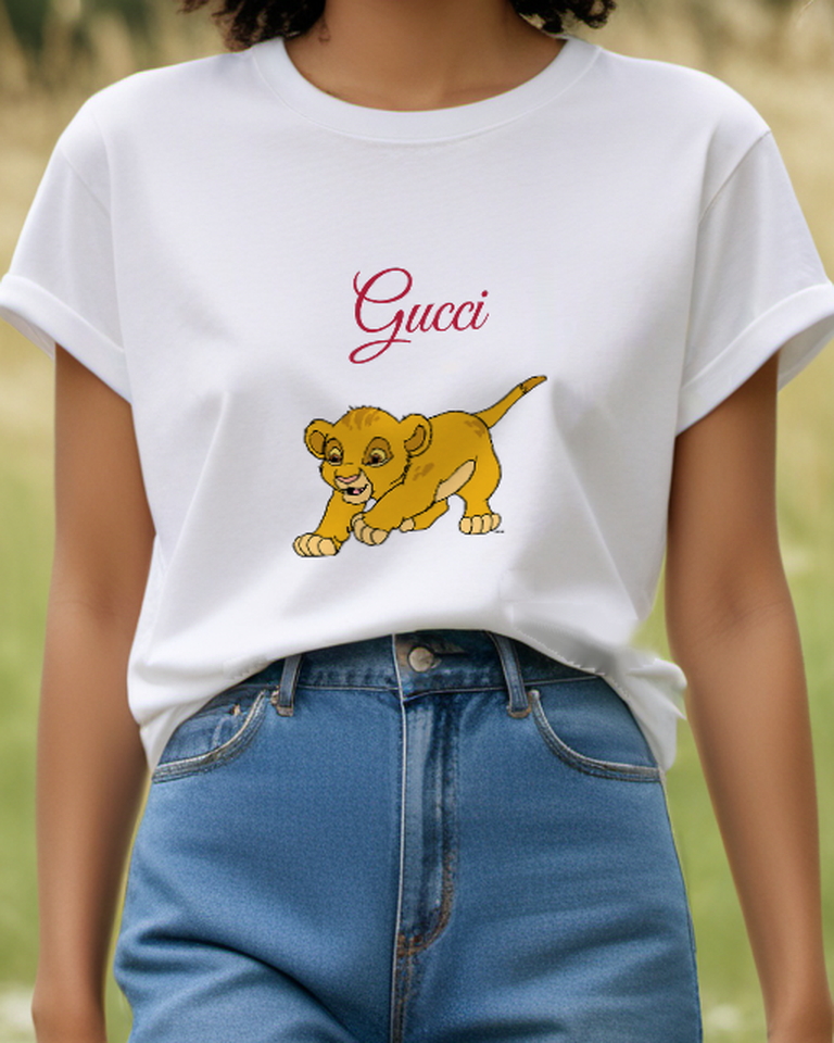 White Lion Cub Low Play Crouch Graphic T-Shirt - model wearing view
