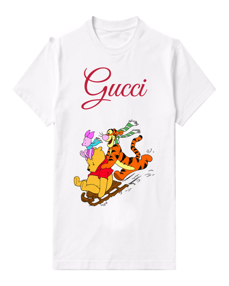 White Pooh Piglet Tigger On Sled Graphic T-Shirt - front product view