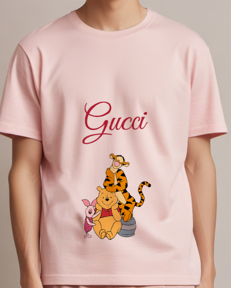 Blush Pink Pooh Piglet And Tigger Stacked Together Graphic T-Shirt - model wearing view