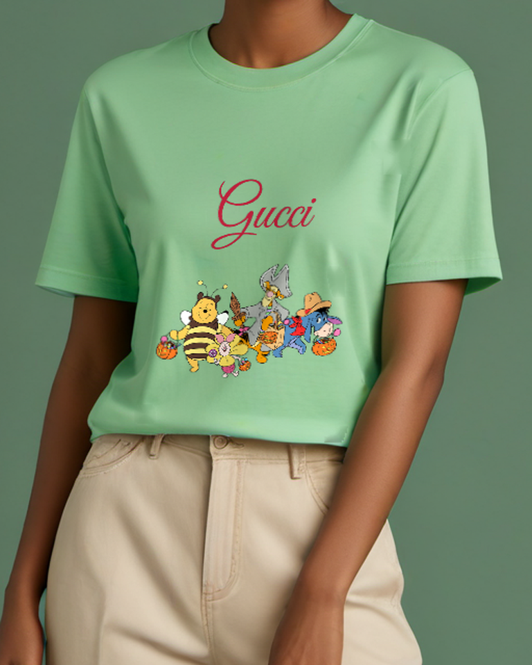 Sage Green Pooh Piglet Tigger Eeyore In Halloween Costumes Graphic T-Shirt - model wearing view